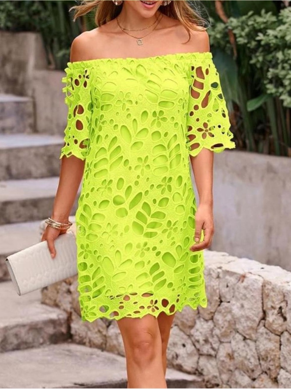 PRETTYGARDEN Neon Lime Off-Shoulder Floral Lace Dress NWOT - Picture 2 of 3